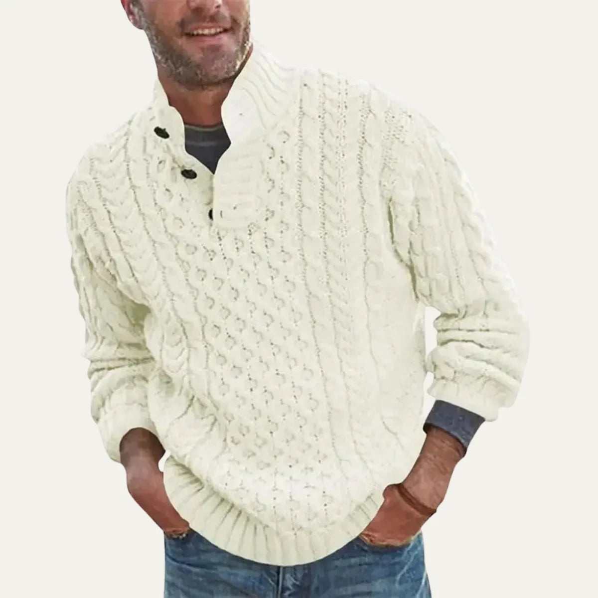 Finnian | Men's Cable-Knit Sweater Chunky Button Neck Textured Warm Soft Smart Casual Everyday Layering Autumn Winter Knitwear