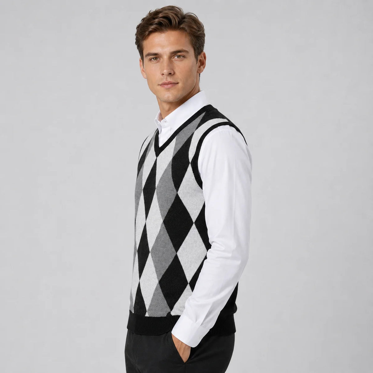 Luka | Men's Vest Sweater Argyle Knitted V-Neck Sleeveless Soft Warm Layering Smart Casual Everyday Autumn Winter Knitwear