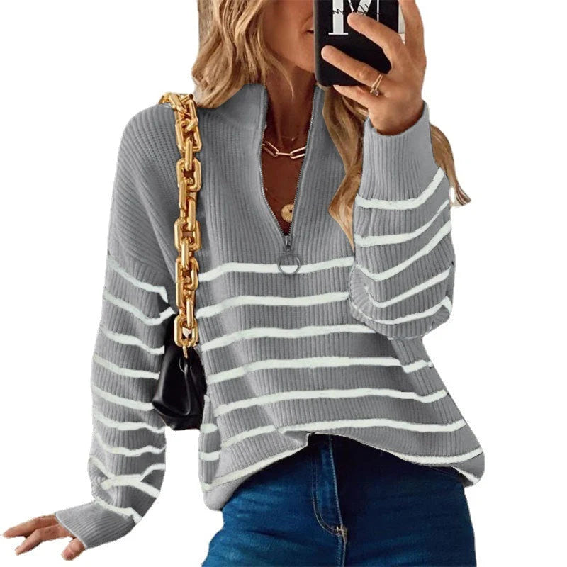 Shelby | Women's Jumper Striped Ribbed Zip Neckline Soft Knit Fitted Cosy Warm Layering Chic Feminine Casual Everyday Autumn Winter