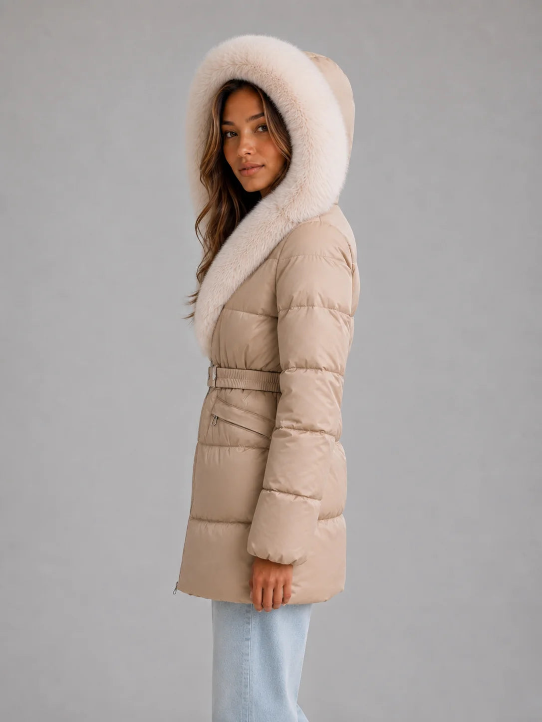 Rayna | Women's Puffer Jacket Hooded Faux Fur Trim Belted Padded Insulated Warm Quilted Casual Everyday Winter Outerwear Cosy