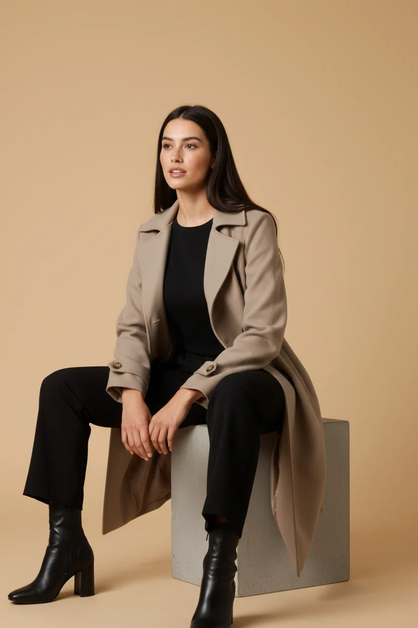 Keira | Women's Trench Coat Long Double-Breasted Plush-Lined Tailored Belted Warm Structured Smart Occasion Everyday Autumn Winter