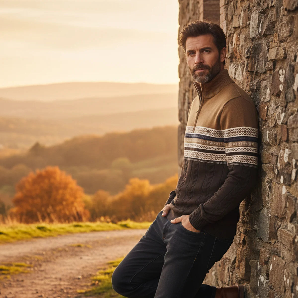 Apollo | Men's Sweater Quarter-Zip Cotton Fair Isle Knit Patterned Soft Warm Cosy Smart Casual Everyday Layering Autumn Winter