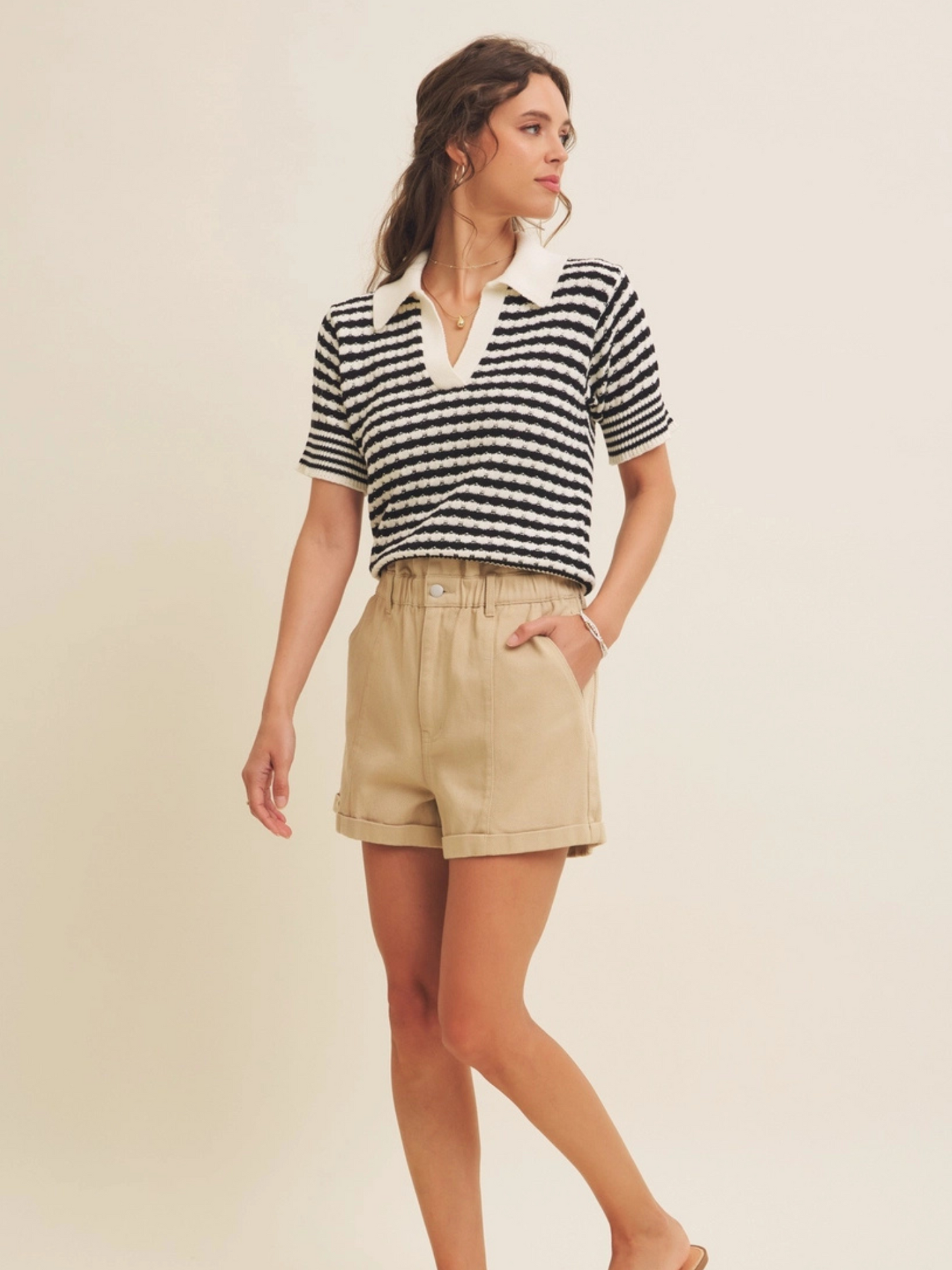 Women's Soft Textured Striped Cotton Polo T-Shirt with Collar and V-Neckline