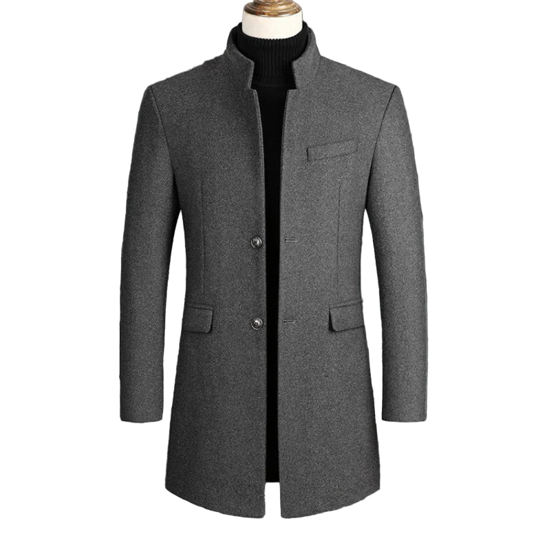 Men's Stand Collar Single Breasted Long Coat Black