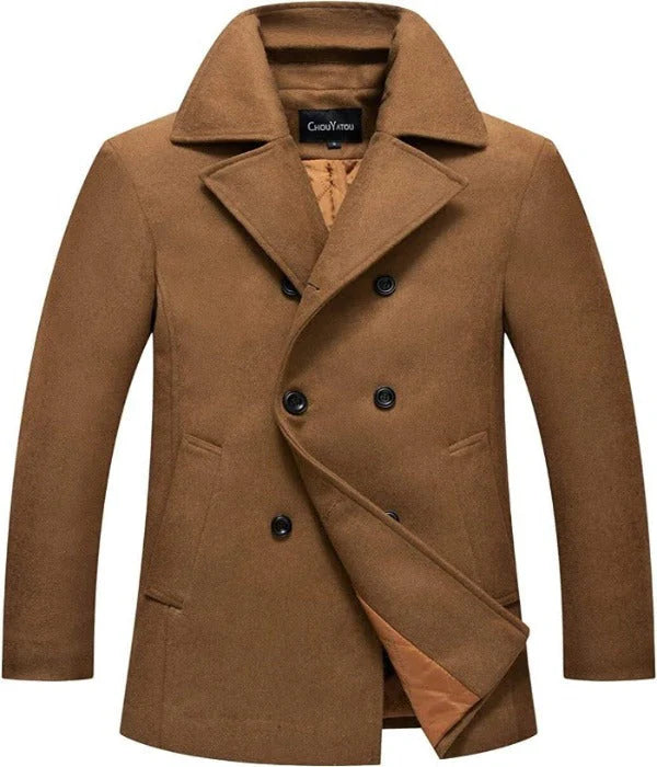 Men’s Double-Breasted Wool-Blend Coat with Notched Lapel