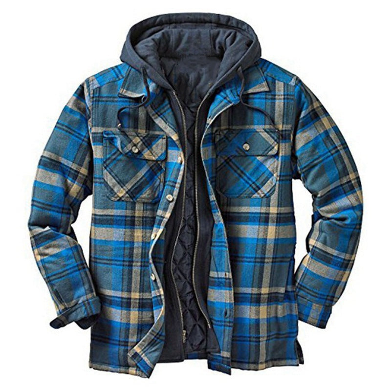 Men’s Hooded Plaid Jacket with Quilted Lining and Button Closure
