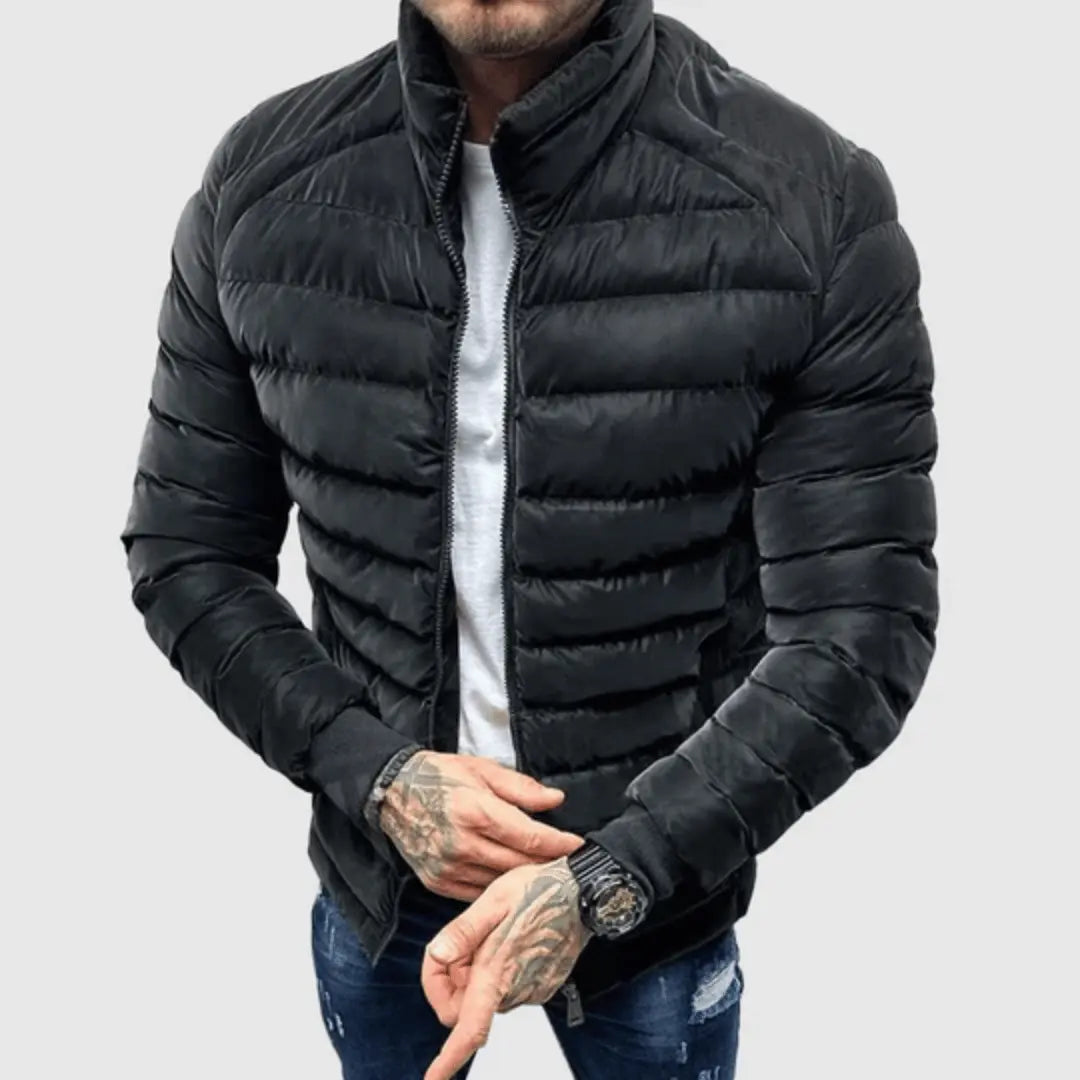 Men’s Quilted Jacket with Zip Closure and Stand Collar