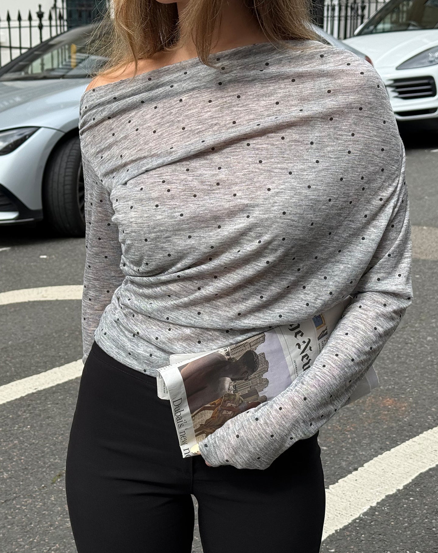 Women's Off Shoulder Polka Dot Top Grey Melange