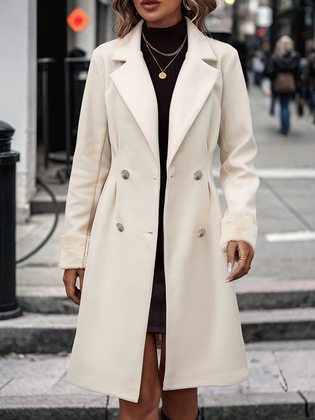 Women’s Double-Breasted Long Coat with Lapel Collar