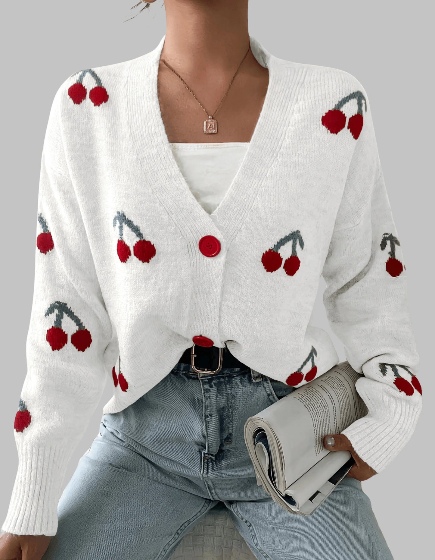 Women’s Knit Cardigan with Cherry Pattern and Button Front