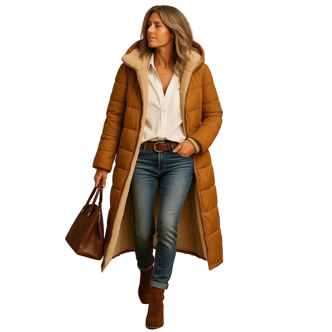 Women’s Long Quilted Puffer Coat with Hood and Fleece Lining