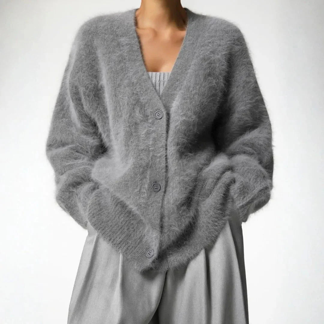 Women’s Oversized Fluffy Knit Cardigan with Button Closure and V-Neck