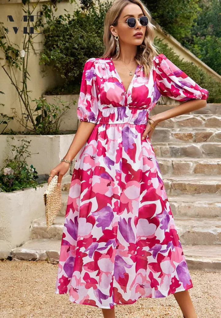 Women’s Short Sleeve Floral Midi Dress