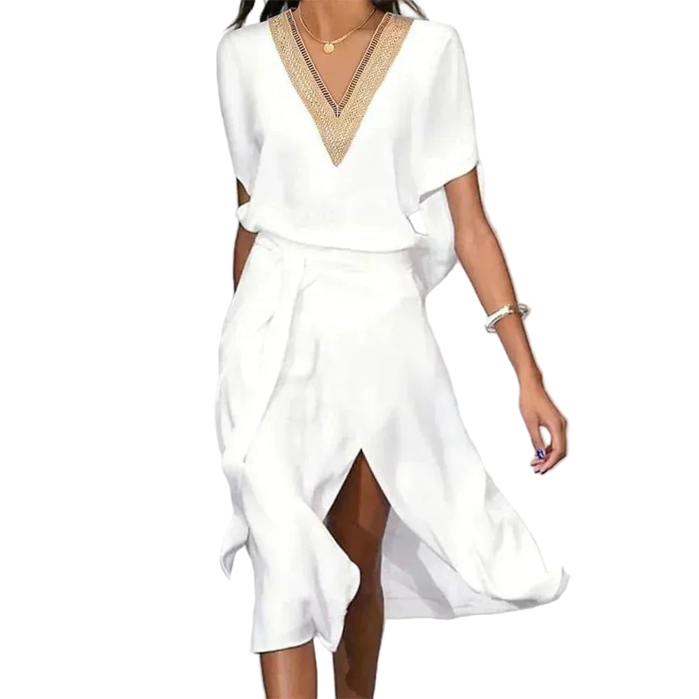 Women’s Short Sleeve V Neck Wrap Midi Dress with Trim