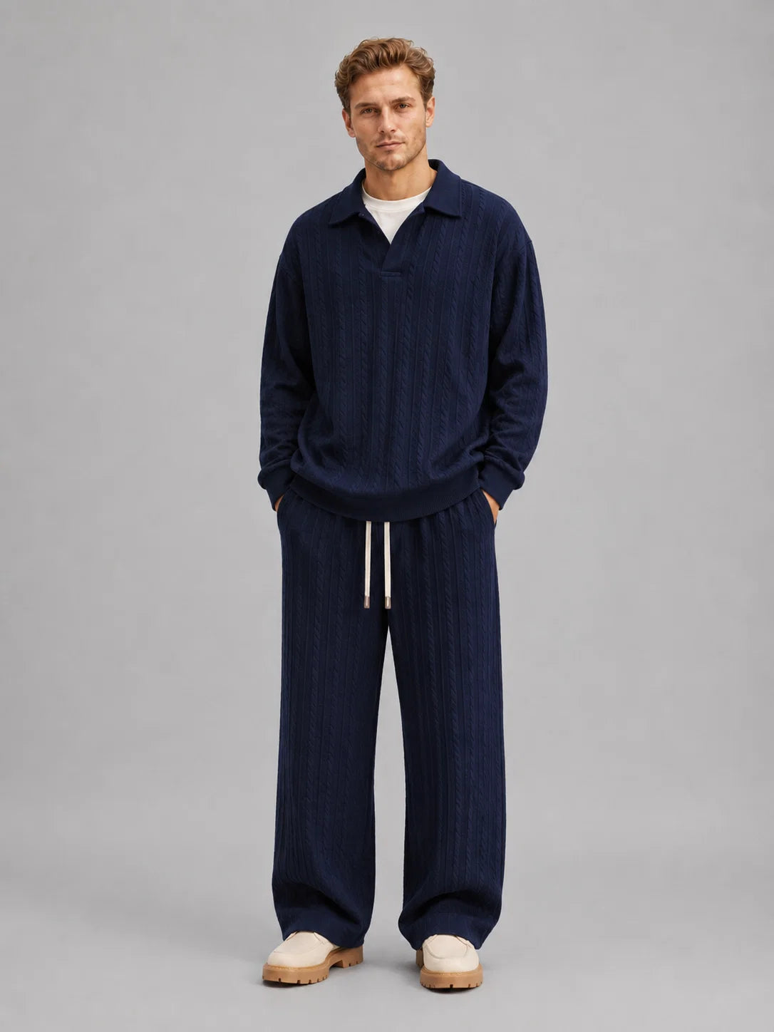 Anderson | Men's Co-ord Set Cable-Knit Collared Top Wide-Leg Trousers Two-Piece Textured Soft Warm Coordinated Refined Everyday