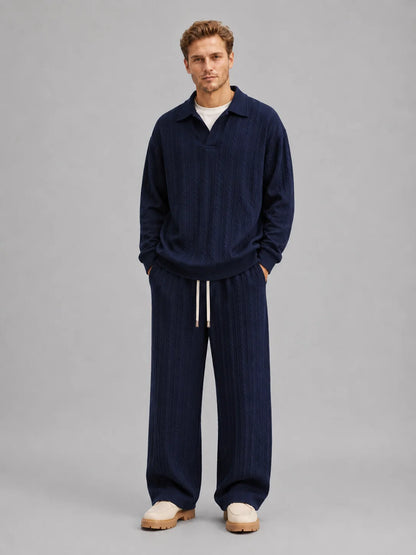 Anderson | Men's Co-ord Set Cable-Knit Collared Top Wide-Leg Trousers Two-Piece Textured Soft Warm Coordinated Refined Everyday