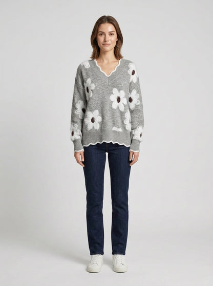 Ivy | Women's Sweater Floral V-Neck Textured Knit Soft Cosy Warm Relaxed Layering Chic Feminine Casual Everyday Autumn Winter - Front [Lystr 6a84a353834bde48df7265b2:front]