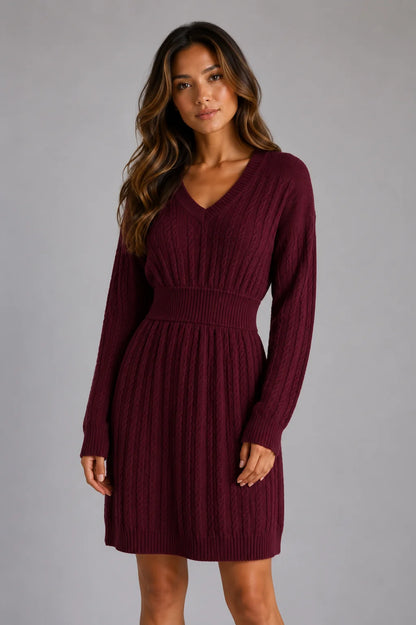 Paris | Women's Midi Dress Cable-Knit V-Neck Shirred Waist Fitted Soft Cosy Warm Feminine Chic Occasion Everyday Autumn Winter