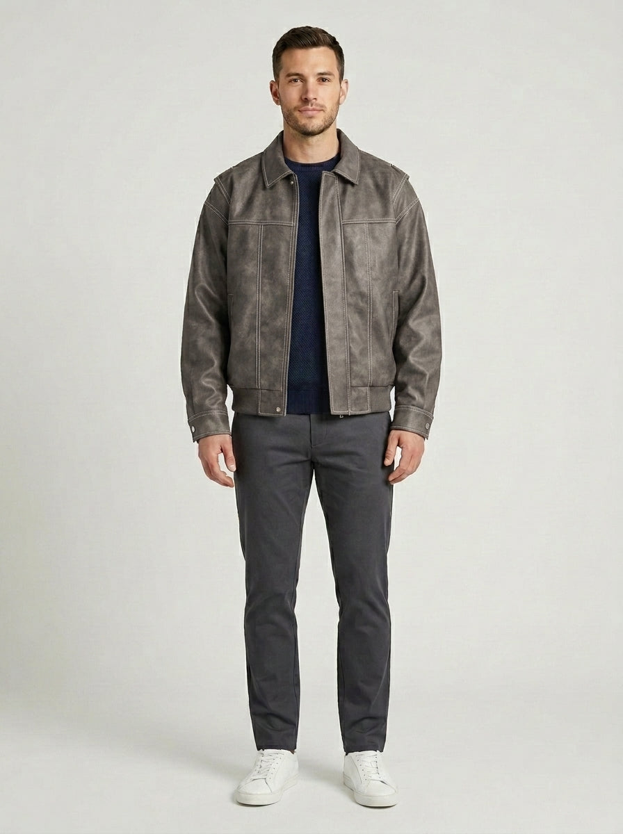 Andres | Men's Jacket Faux Leather Flap Collar Zip Pockets Structured Refined Smart Casual Everyday Autumn Winter Layering - Gray Front [Lystr 6a855a04ca0d7180bd88d2d3:gray:front]