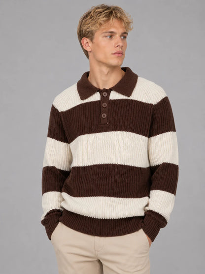 Bellamy | Men's Polo Sweater Striped Button Neck Ribbed Knit Soft Warm Refined Smart Casual Everyday Layering Autumn Winter