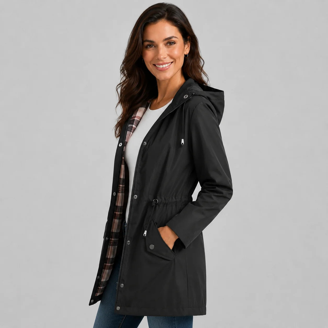 Treasure | Women's Rain Coat Hooded Check-Lined Waterproof Windproof Longline Warm Functional Casual Everyday Outdoor Autumn Winter