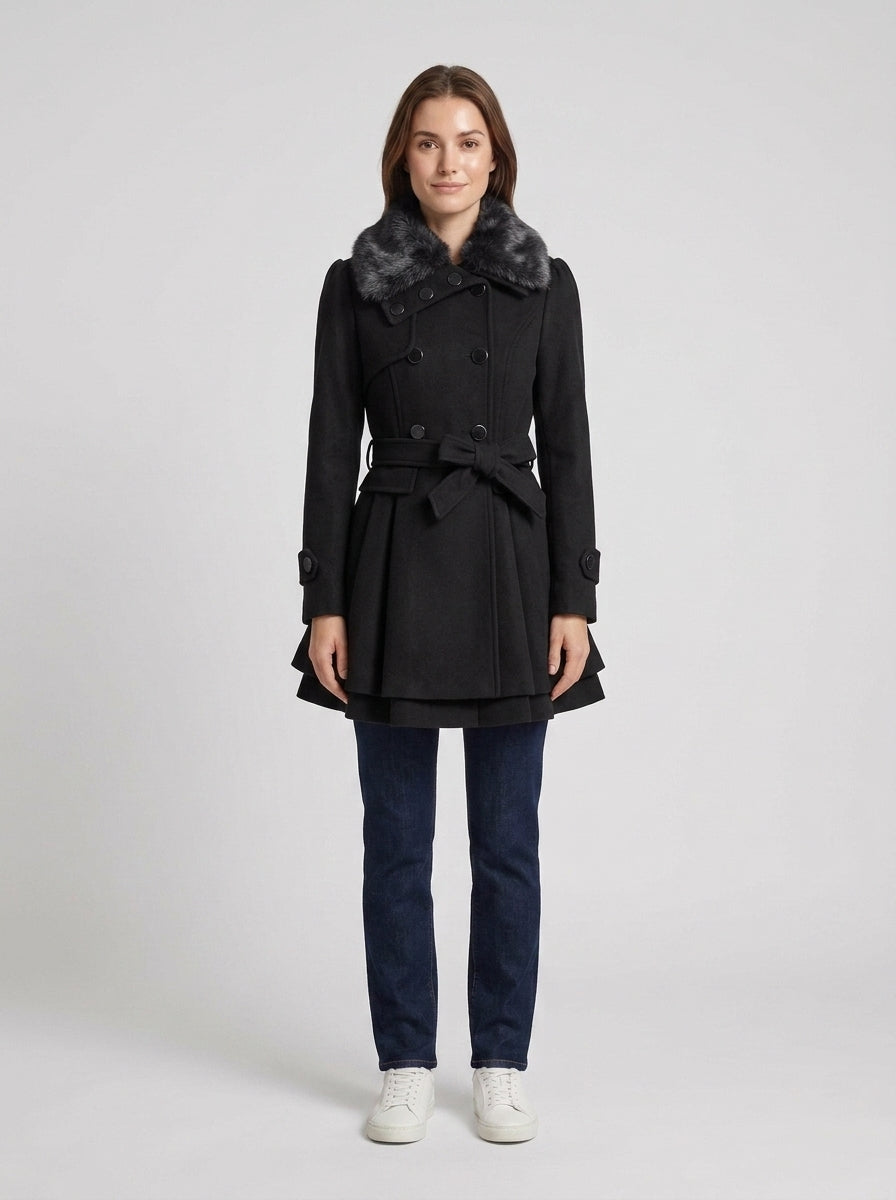 Marlee | Women's Peacoat Fur Collar Belted Fit Flare Elegant Tailored Warm Structured Smart Occasion Everyday Autumn Winter - Front [Lystr 6a87320751ba65245b46db1c:front]