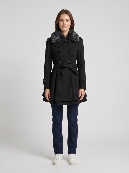 Marlee | Women's Peacoat Fur Collar Belted Fit Flare Elegant Tailored Warm Structured Smart Occasion Everyday Autumn Winter - Front [Lystr 6a87320751ba65245b46db1c:front]