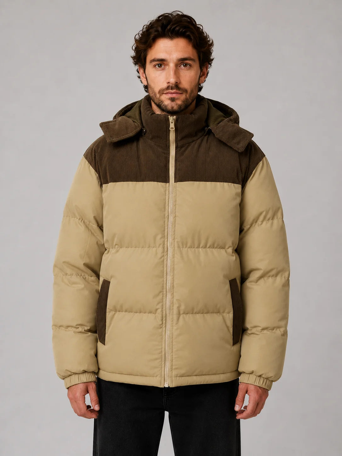 Bruce | Men's Puffer Jacket Hooded Corduroy Quilted Padded Insulated Warm Zip Casual Everyday Streetwear Autumn Winter Outerwear