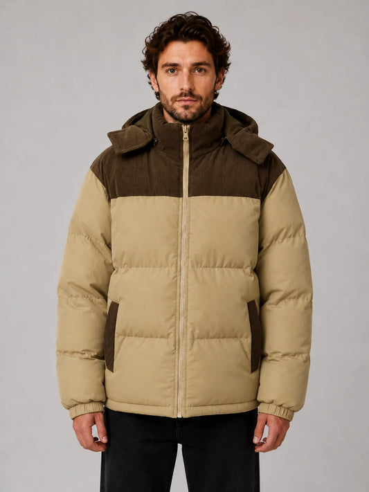 Bruce | Men's Puffer Jacket Hooded Corduroy Quilted Padded Insulated Warm Zip Casual Everyday Streetwear Autumn Winter Outerwear