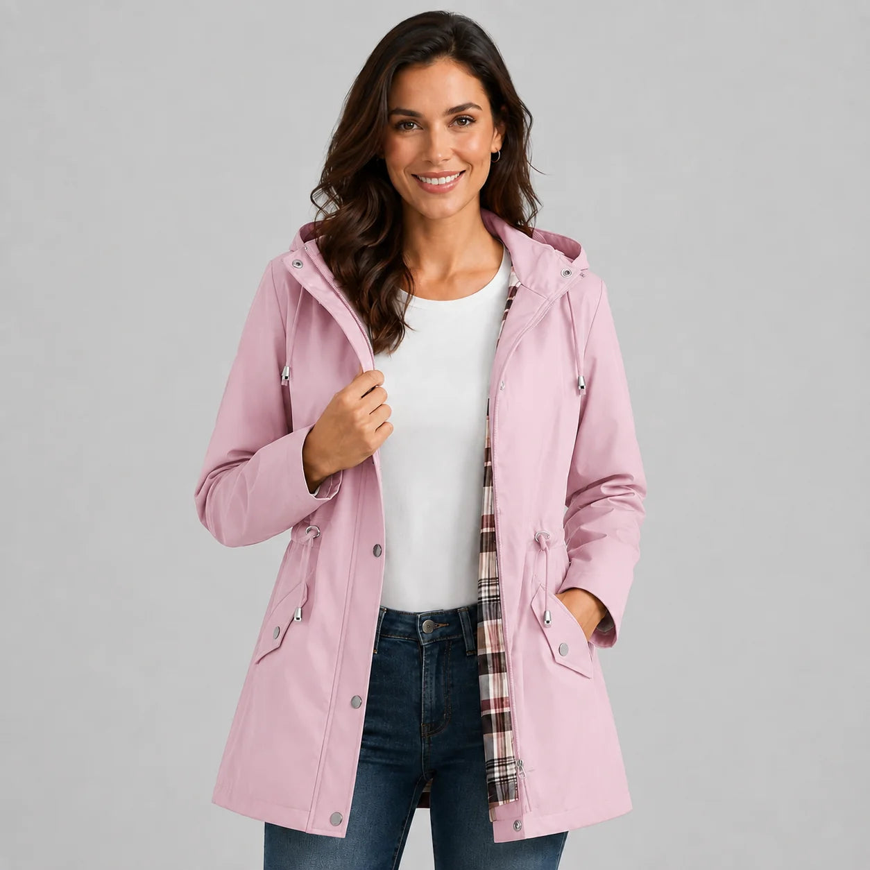 Treasure | Women's Rain Coat Hooded Check-Lined Waterproof Windproof Longline Warm Functional Casual Everyday Outdoor Autumn Winter
