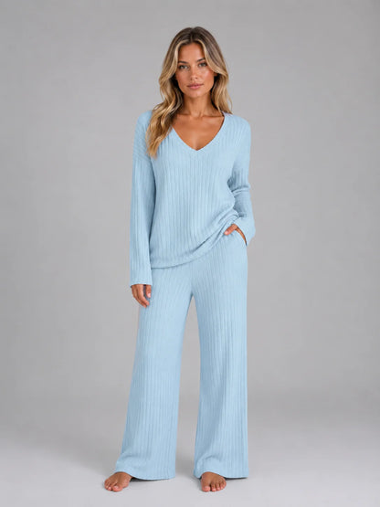 Rosemary | Women's Lounge Set Ribbed Knit V-Neck Jumper Wide-Leg Trousers Two-Piece Soft Cosy Warm Coordinated Comfort Loungewear