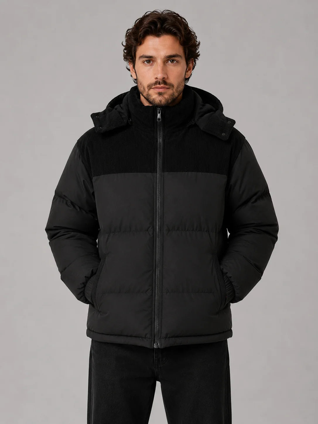Bruce | Men's Puffer Jacket Hooded Corduroy Quilted Padded Insulated Warm Zip Casual Everyday Streetwear Autumn Winter Outerwear
