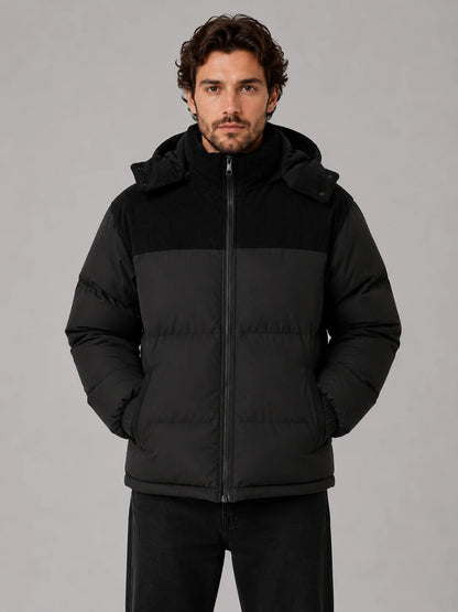 Bruce | Men's Puffer Jacket Hooded Corduroy Quilted Padded Insulated Warm Zip Casual Everyday Streetwear Autumn Winter Outerwear