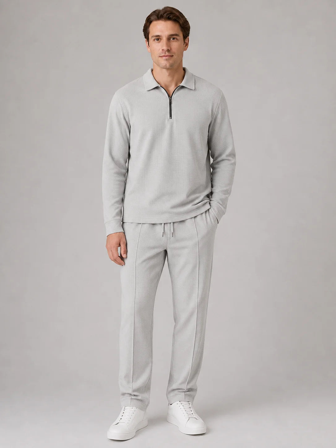Andre | Men's Co-ord Set Quarter-Zip Polo Trousers Two-Piece Textured Smart Casual Coordinated Refined Relaxed Everyday Autumn