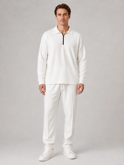 Andre | Men's Co-ord Set Quarter-Zip Polo Trousers Two-Piece Textured Smart Casual Coordinated Refined Relaxed Everyday Autumn