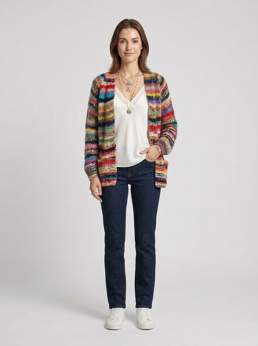 Ella | Women's Cardigan Open-Front Colorful Knit Artisanal Multicolor Relaxed Soft Cosy Layering Casual Everyday - Front [Lystr 6a7e2ef09d1b0a17cf148b84:front]