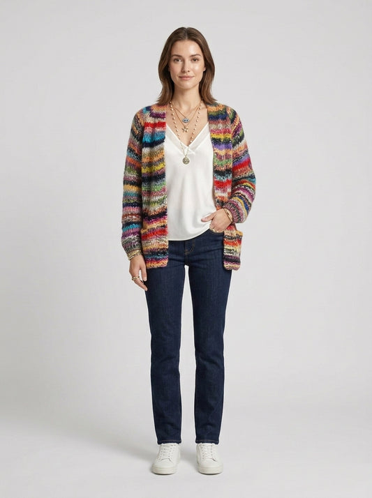 Ella | Women's Cardigan Open-Front Colorful Knit Artisanal Multicolor Relaxed Soft Cosy Layering Casual Everyday - Front [Lystr 6a7e2ef09d1b0a17cf148b84:front]