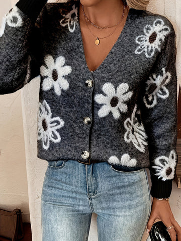 Marina | Women's Cardigan Floral V-Neck Button Front Knit Soft Feminine Cosy Warm Relaxed Layering Chic Casual Everyday Autumn