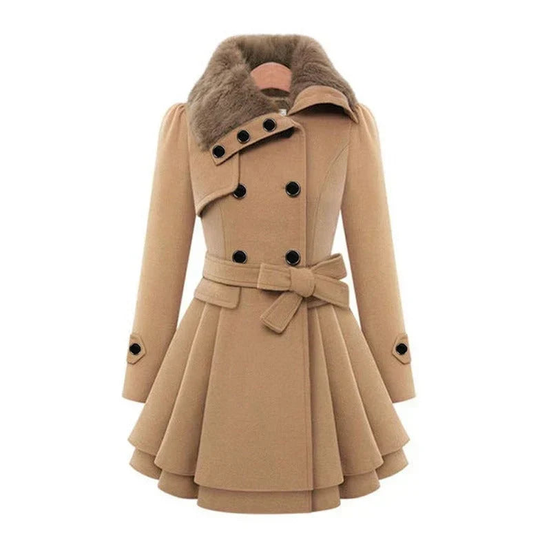 Marlee | Women's Peacoat Fur Collar Belted Fit Flare Elegant Tailored Warm Structured Smart Occasion Everyday Autumn Winter