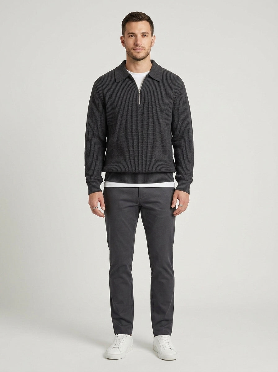 Ronan | Men's Half-Zip Sweater Ribbed Knit Textured Soft Warm Relaxed Smart Casual Everyday Layering Autumn Winter Knitwear Cosy - Front [Lystr 6a7ec6c00c80557682734b59:front]