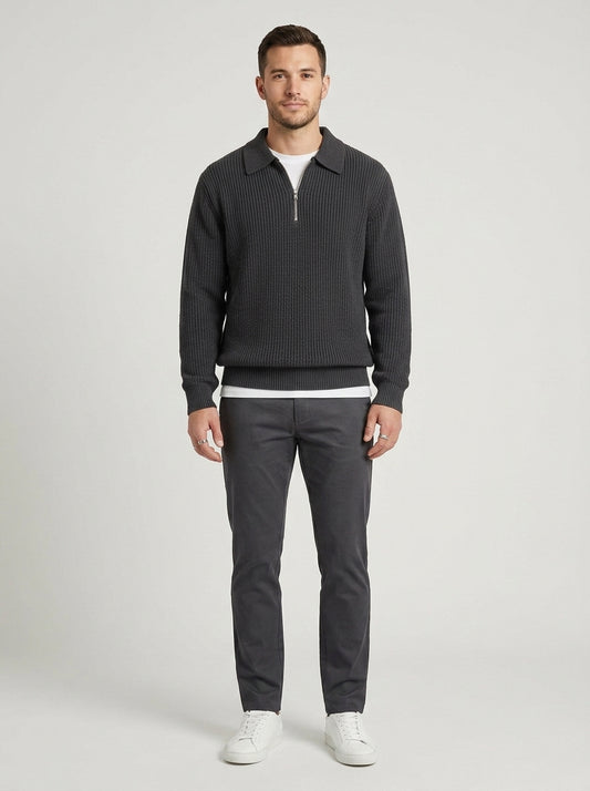 Ronan | Men's Half-Zip Sweater Ribbed Knit Textured Soft Warm Relaxed Smart Casual Everyday Layering Autumn Winter Knitwear Cosy - Front [Lystr 6a7ec6c00c80557682734b59:front]