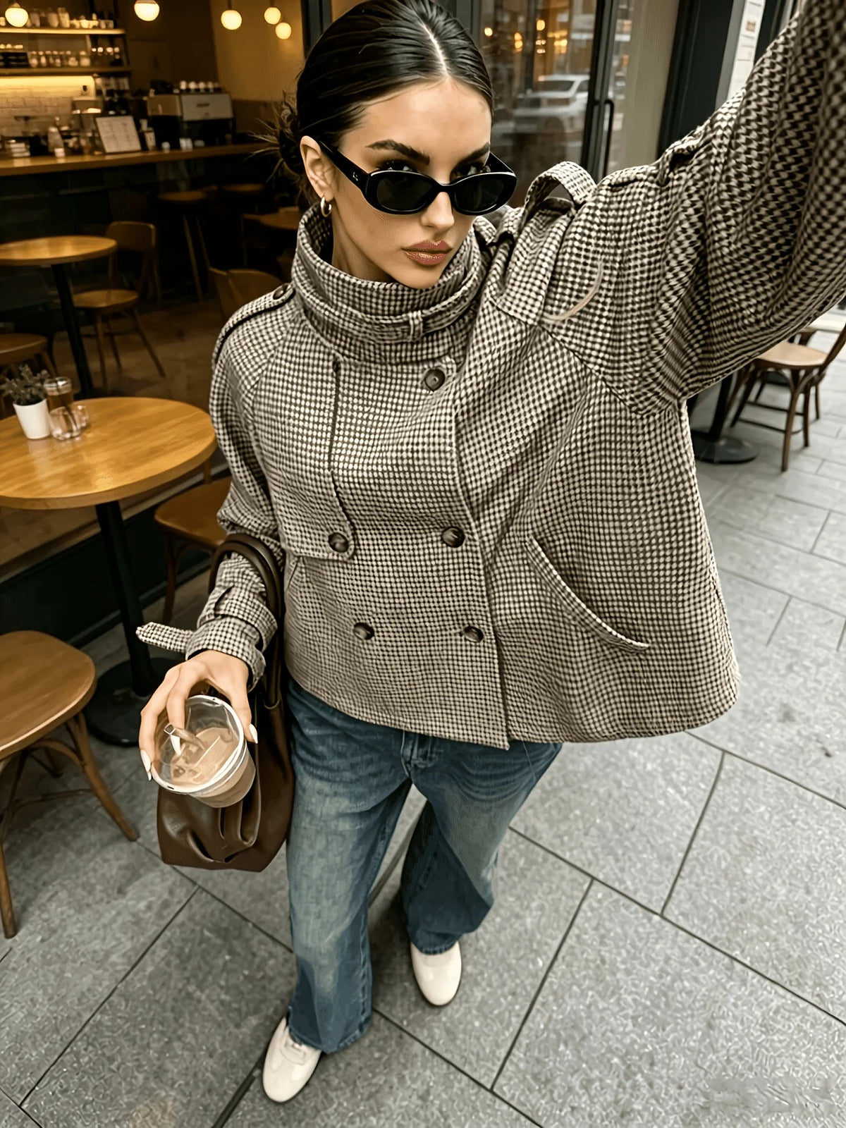 Kyra | Women's Jacket Stand Collar Houndstooth Structured Tailored Patterned Warm Smart Occasion Everyday Autumn Winter Statement