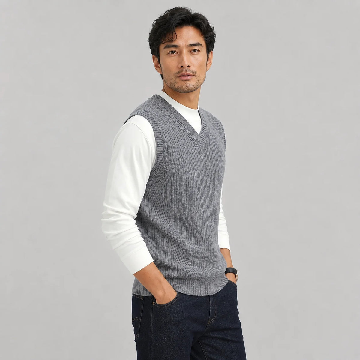 Lowell | Men's Vest Sweater V-Neck Ribbed Knit Sleeveless Soft Warm Layering Smart Casual Everyday Autumn Winter Knitwear