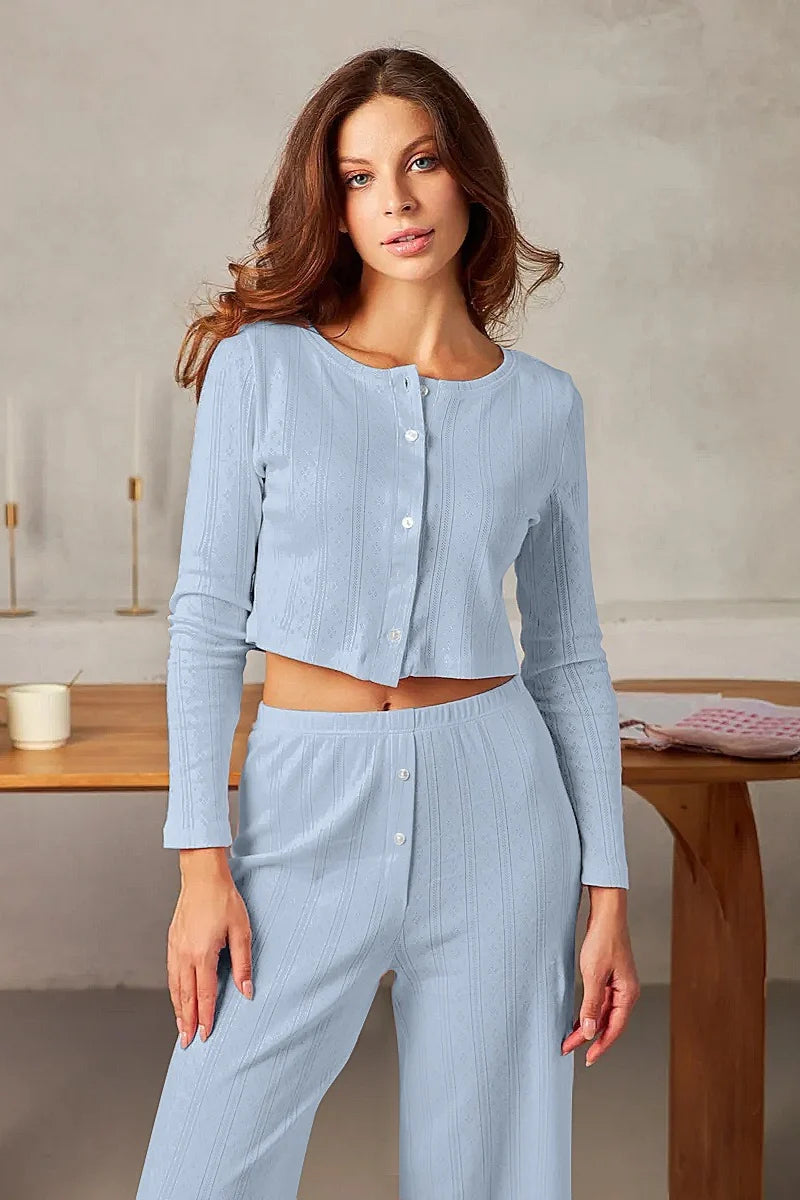 Karen | Women's Co-ord Set Cutout Jacquard Long-Sleeve Two-Piece Textured Soft Casual Coordinated Chic Autumn Winter Layering