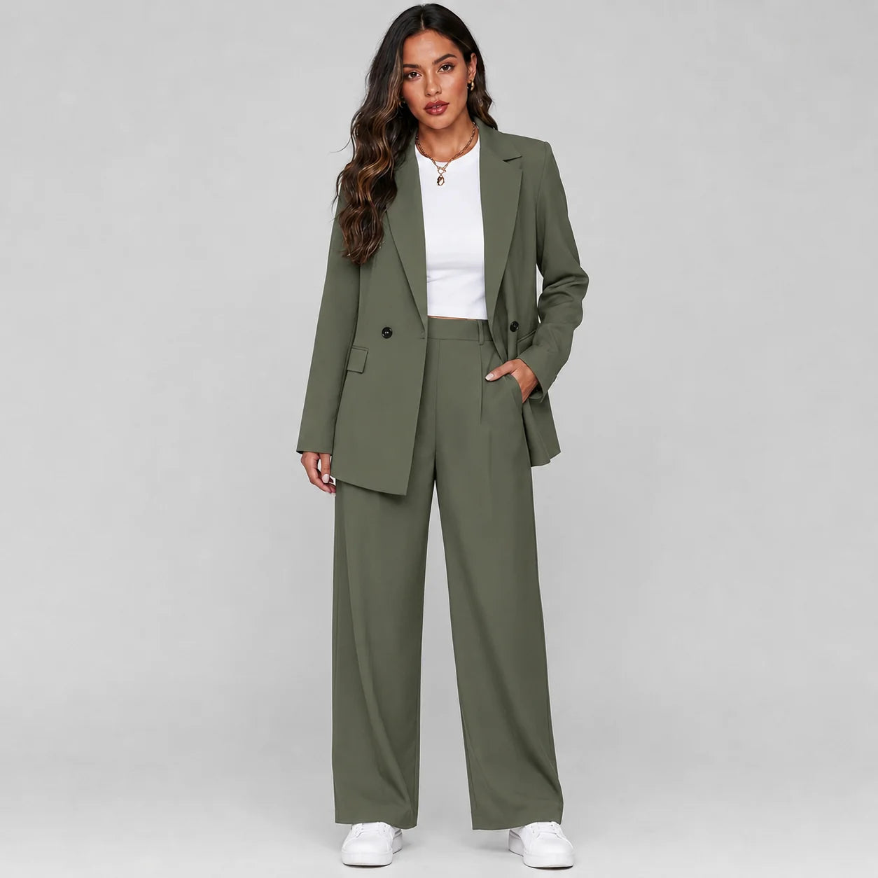 Tatiana | Women's Co-ord Set Longline Blazer Wide-Leg Trousers Two-Piece Tailored Structured Smart Occasion Office Coordinated