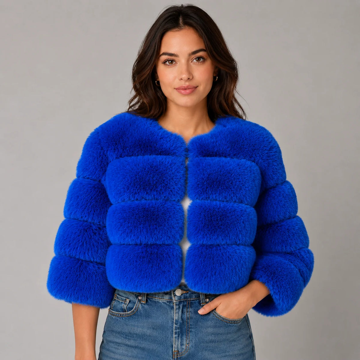 Veda | Women's Faux Fur Jacket Cropped Fluffy Plush Soft Warm Cosy Chic Feminine Occasion Everyday Autumn Winter Outerwear