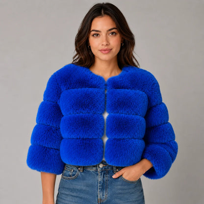 Veda | Women's Faux Fur Jacket Cropped Fluffy Plush Soft Warm Cosy Chic Feminine Occasion Everyday Autumn Winter Outerwear