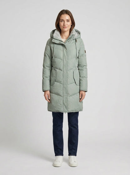 Celeste | Women's Coat Puffer Long Hooded Quilted Padded Warm Zip - Front [Lystr 6a7ef46d0a1912fe6f7813ae:front]