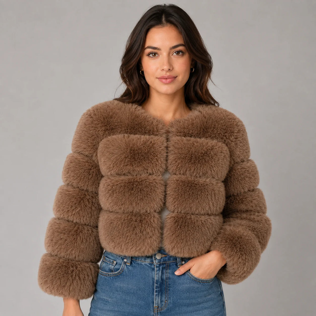 Veda | Women's Faux Fur Jacket Cropped Fluffy Plush Soft Warm Cosy Chic Feminine Occasion Everyday Autumn Winter Outerwear