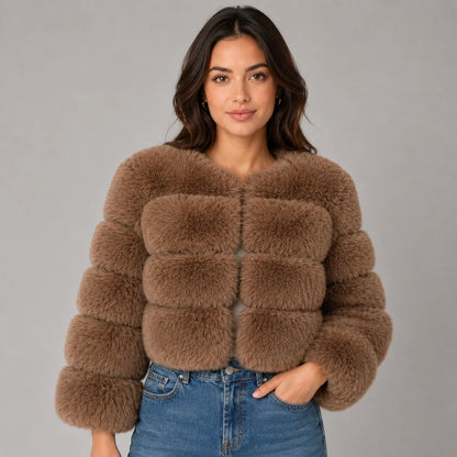 Veda | Women's Faux Fur Jacket Cropped Fluffy Plush Soft Warm Cosy Chic Feminine Occasion Everyday Autumn Winter Outerwear